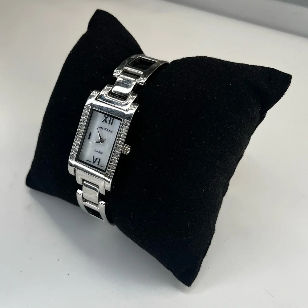 Vintage Cote d’Azur Mother Of Pearl Silver Tone Rhinestone Women’s Watch‎ Dainty